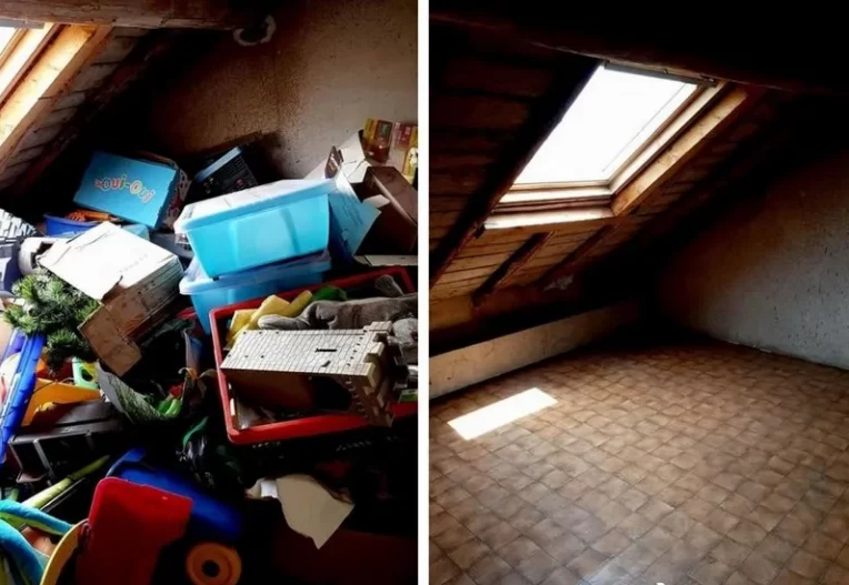 Grenier encombré de cartons et vieux meubles poussiéreux